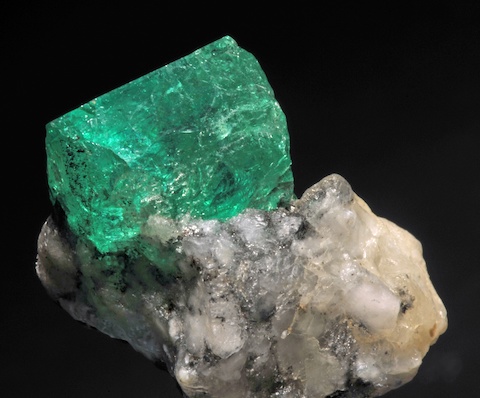 This vivid green emerald crystal was mined in the Muzo region of Colombia.