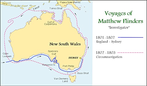 map of Matthew Flinders's expeditions