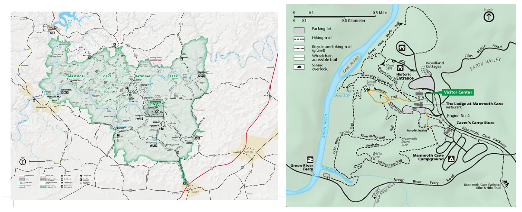 Mammoth Cave National Park boundaries and an inset map showing the park headquarters