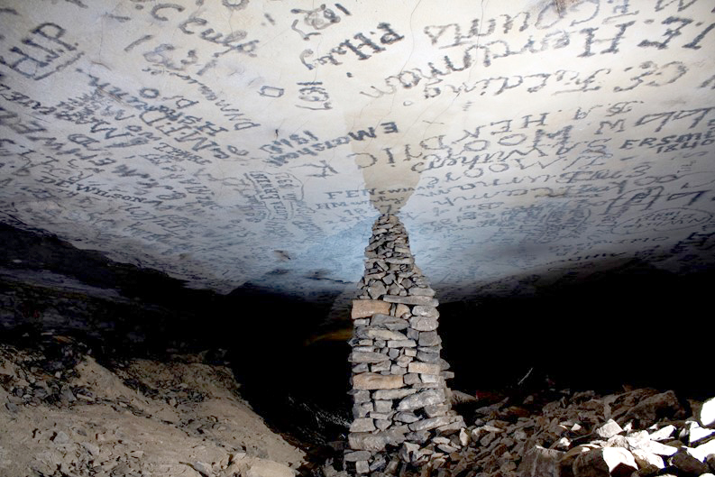 Historic signatures on the ceiling of Gothic Avenue of Mammoth Cave