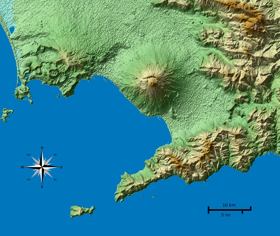 This shaded terrain map of Napoli Bay