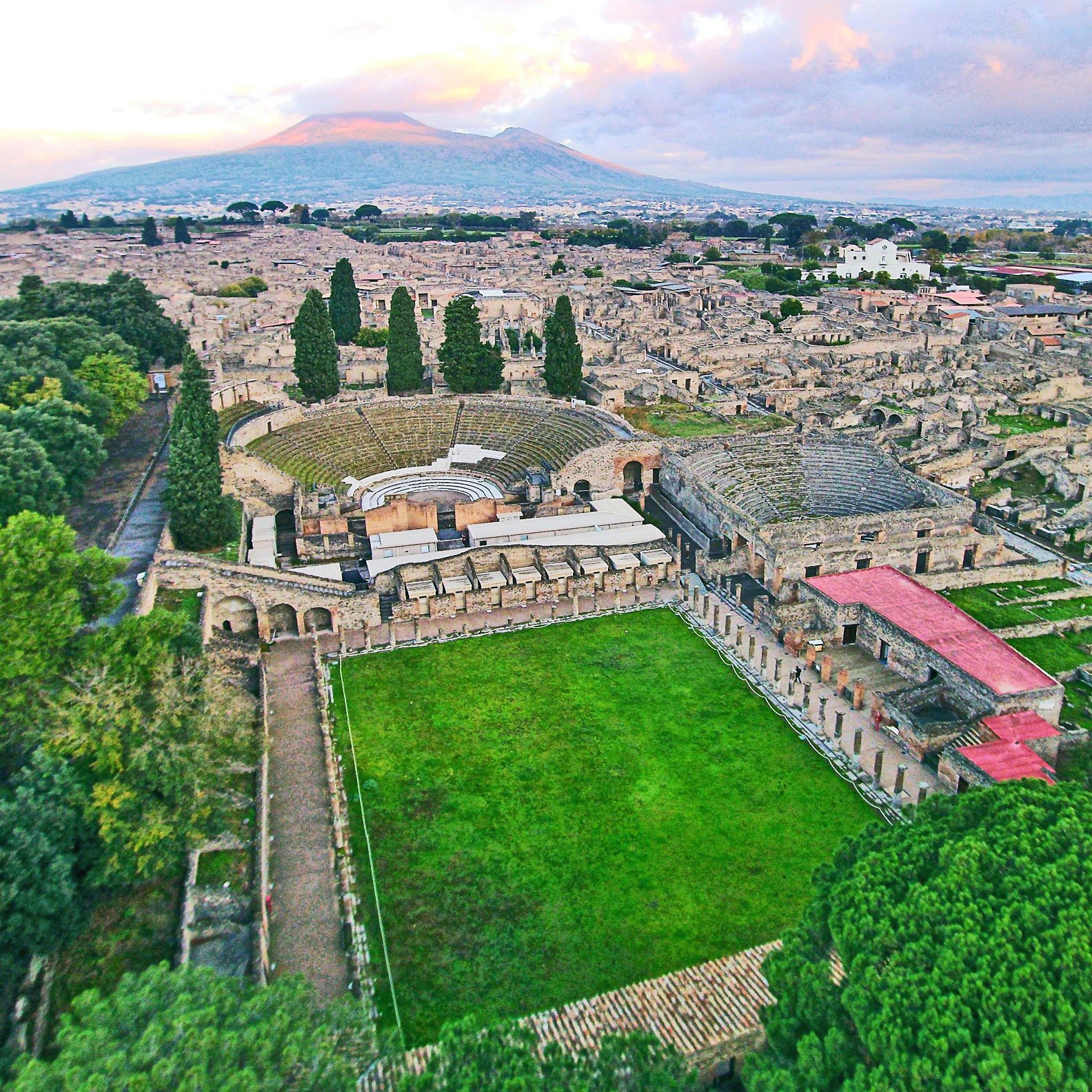 The excavated ancient city of Pompeii as seen from above using a drone