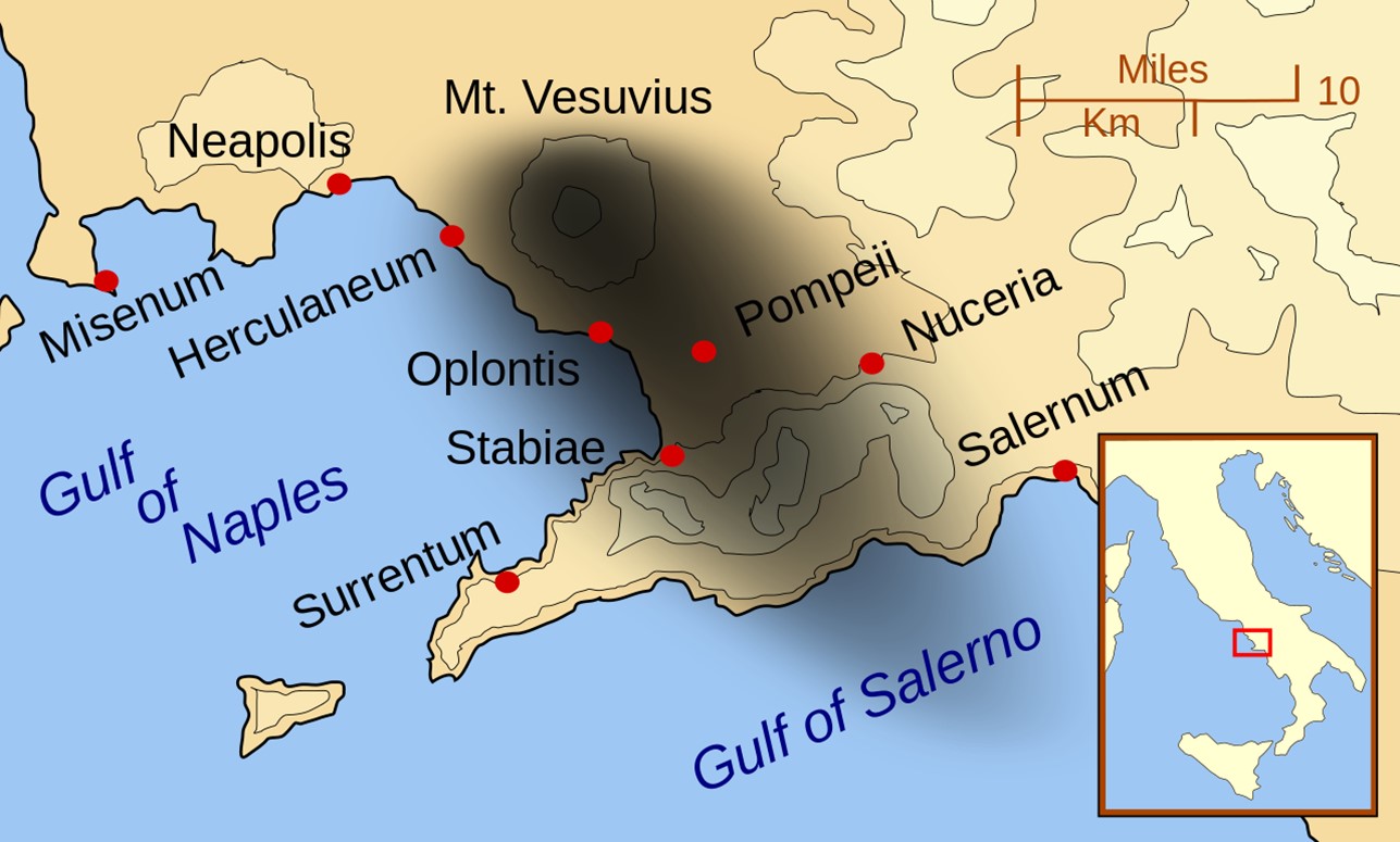 A map showing the cities and towns affected by ash from the eruption of Mount Vesuvius in AD 79