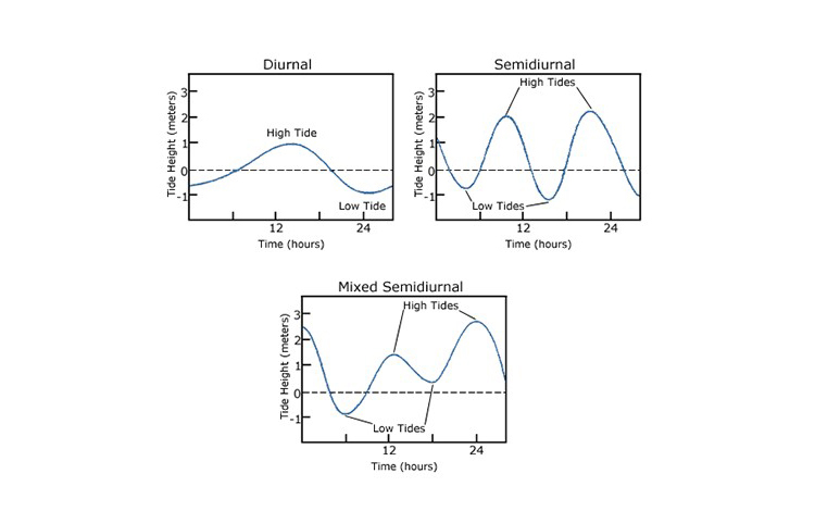 Diurnal (upper left), semidiurnal (upper right) and mixed semidiurnal (lower middle) tide cycles.