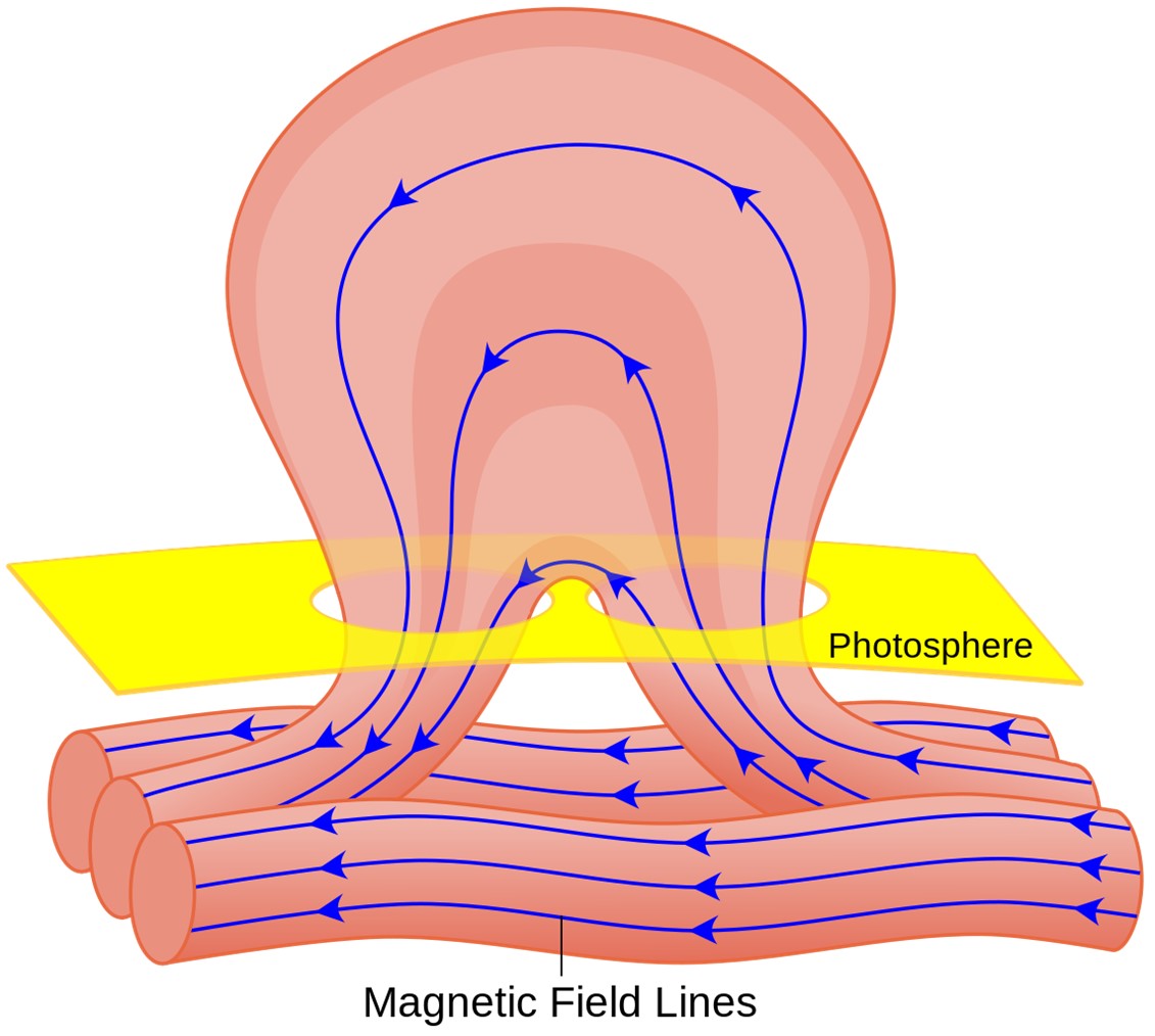 This diagram shows the magnetic line structure of a solar flare and its origin caused by deformation of the magnetic field lines extending from the interior to the atmosphere (corona) of the Sun.