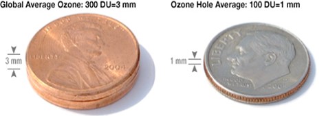 Compressed to sea level pressure, the ozone in the atmosphere would form a layer about the height of two pennies stacked together.