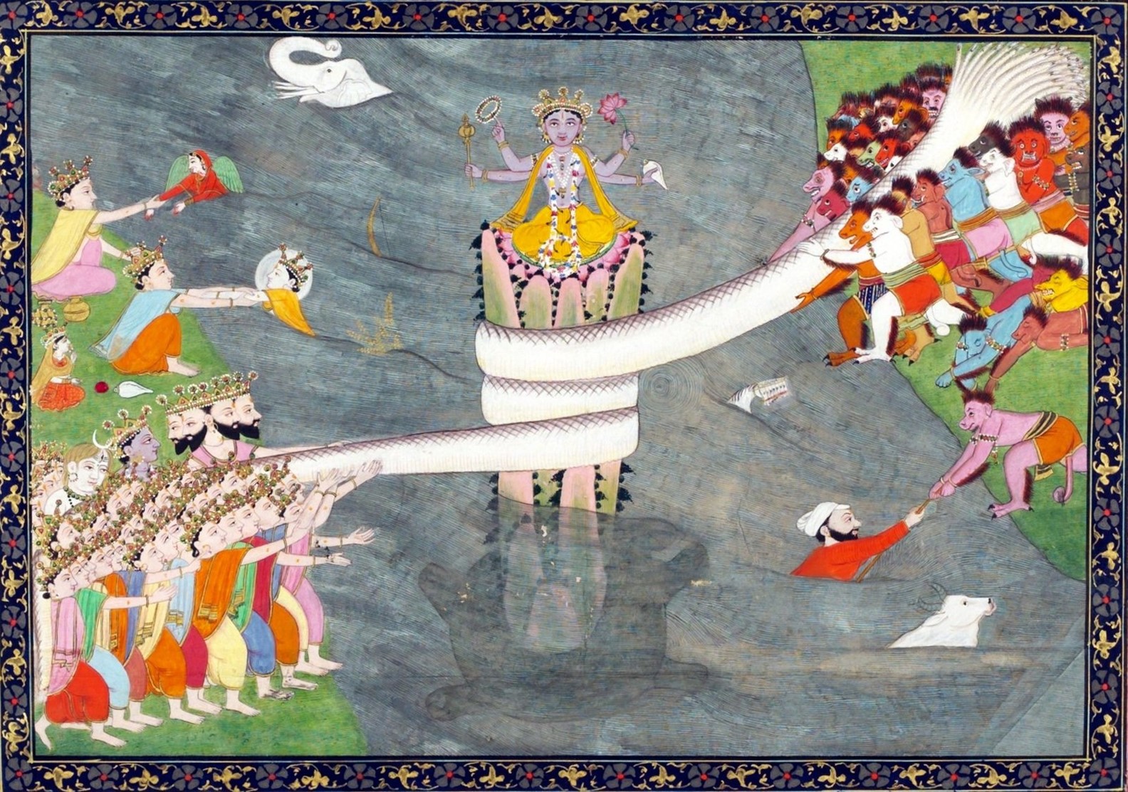 The snake Nag Vasuki being used as a rope by the supernatural Devas and Asuras