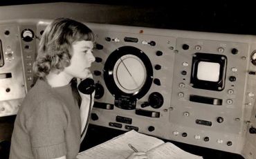 MIT mathematical physicist Virginia Tower Norwood mans the Storm Detector Radar Set at the Army Signal Corps Laboratories in New Jersey in 1950. 