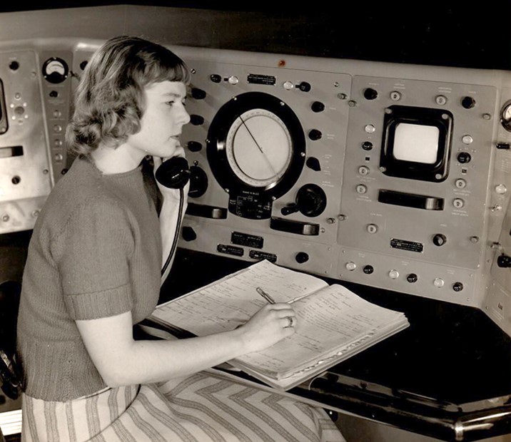 MIT mathematical physicist Virginia Tower Norwood mans the Storm Detector Radar Set at the Army Signal Corps Laboratories in New Jersey in 1950.