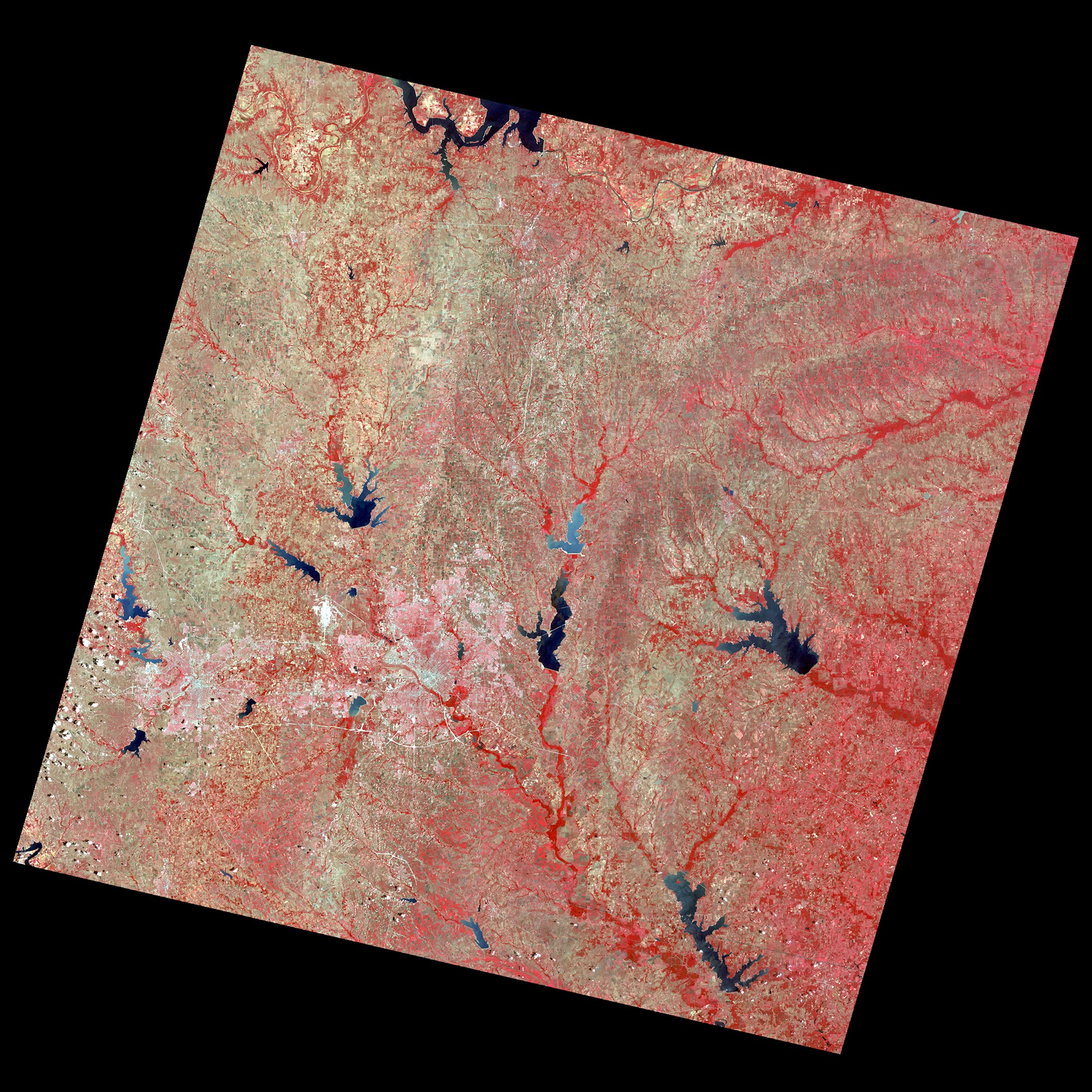 The very first false-color image produced from Landsat 1 MSS data was of Dallas–Fort Worth, Texas on July 25, 1972.