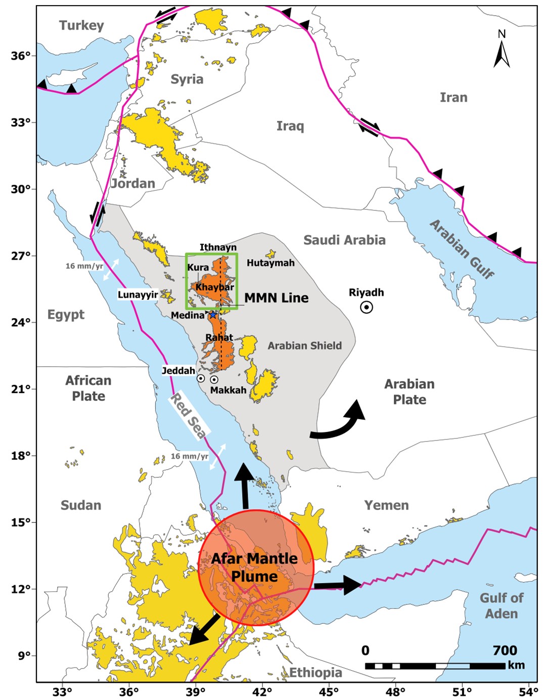 Location map of Arabian harrats in western Arabia.