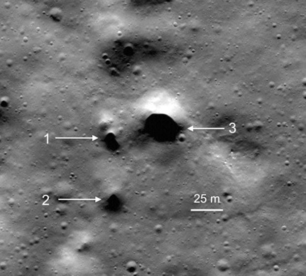 NASA Lunar Reconnaissance Orbiter images spot the newly discovered lava tube skylight candidates at Philolaus Crater near the Moon's north pole.