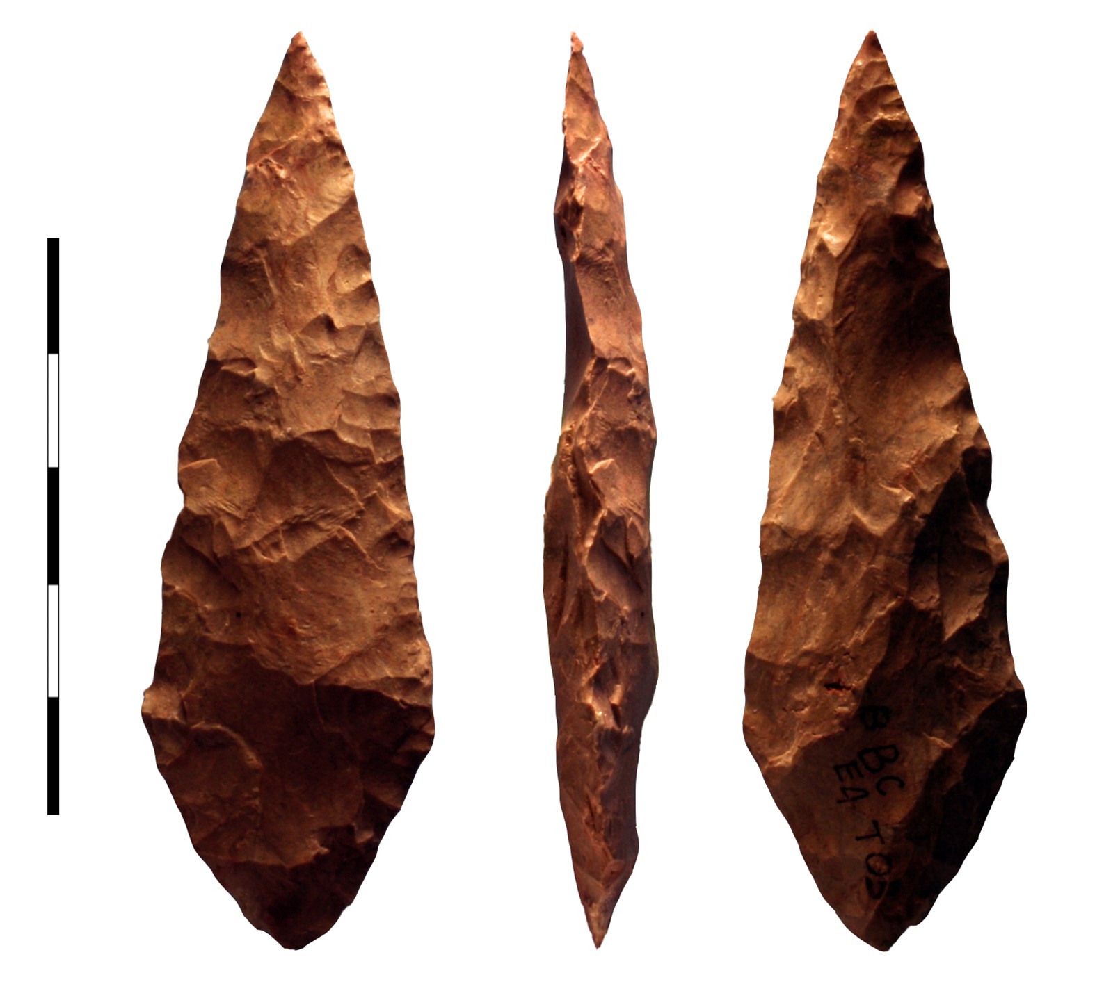 71,000 BCE bifacial silcrete point found at the Blombos Cave in South Africa.