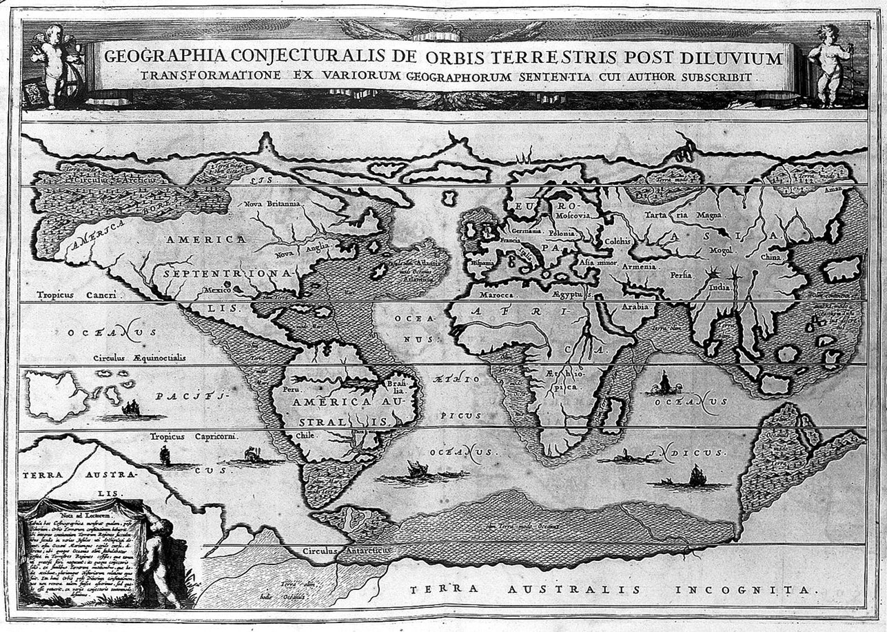 Athanasius Kircher's 1675 map of Arca Noe, the geography of world after the great flood.