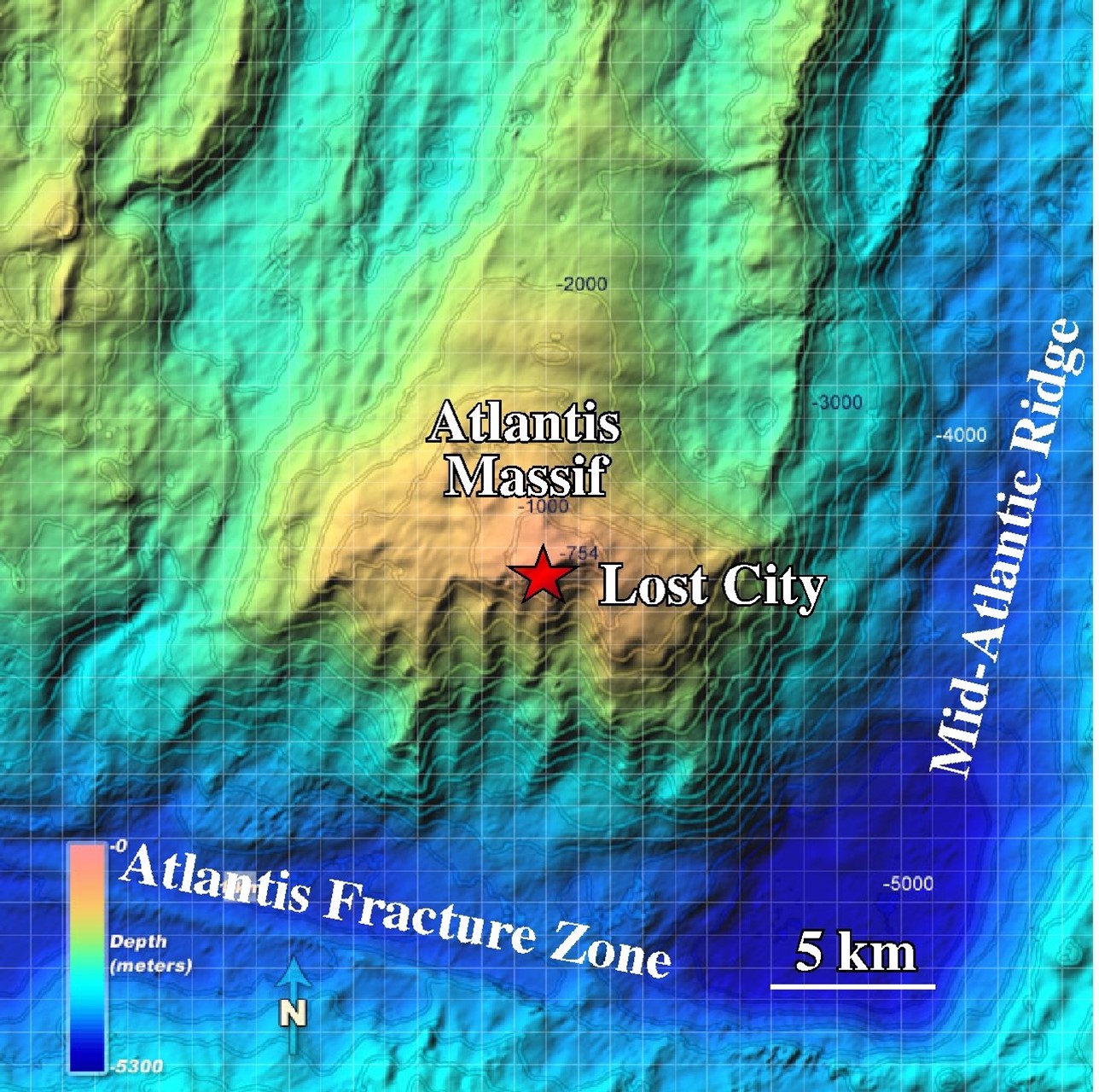 Location of the Lost City Hydrothermal Field on the Atlantis Massif, on the North Atlantic Ocean floor.