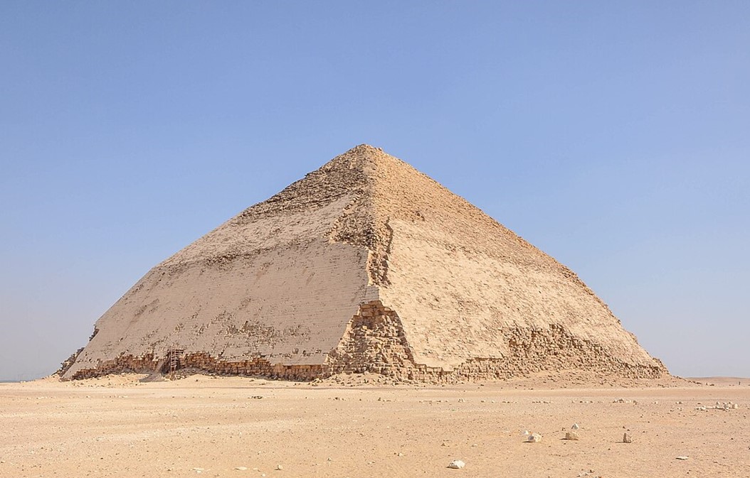 The Bent Pyramid is located at the royal necropolis of Dahshur, 25 miles (40 kilometers) south of Cairo.