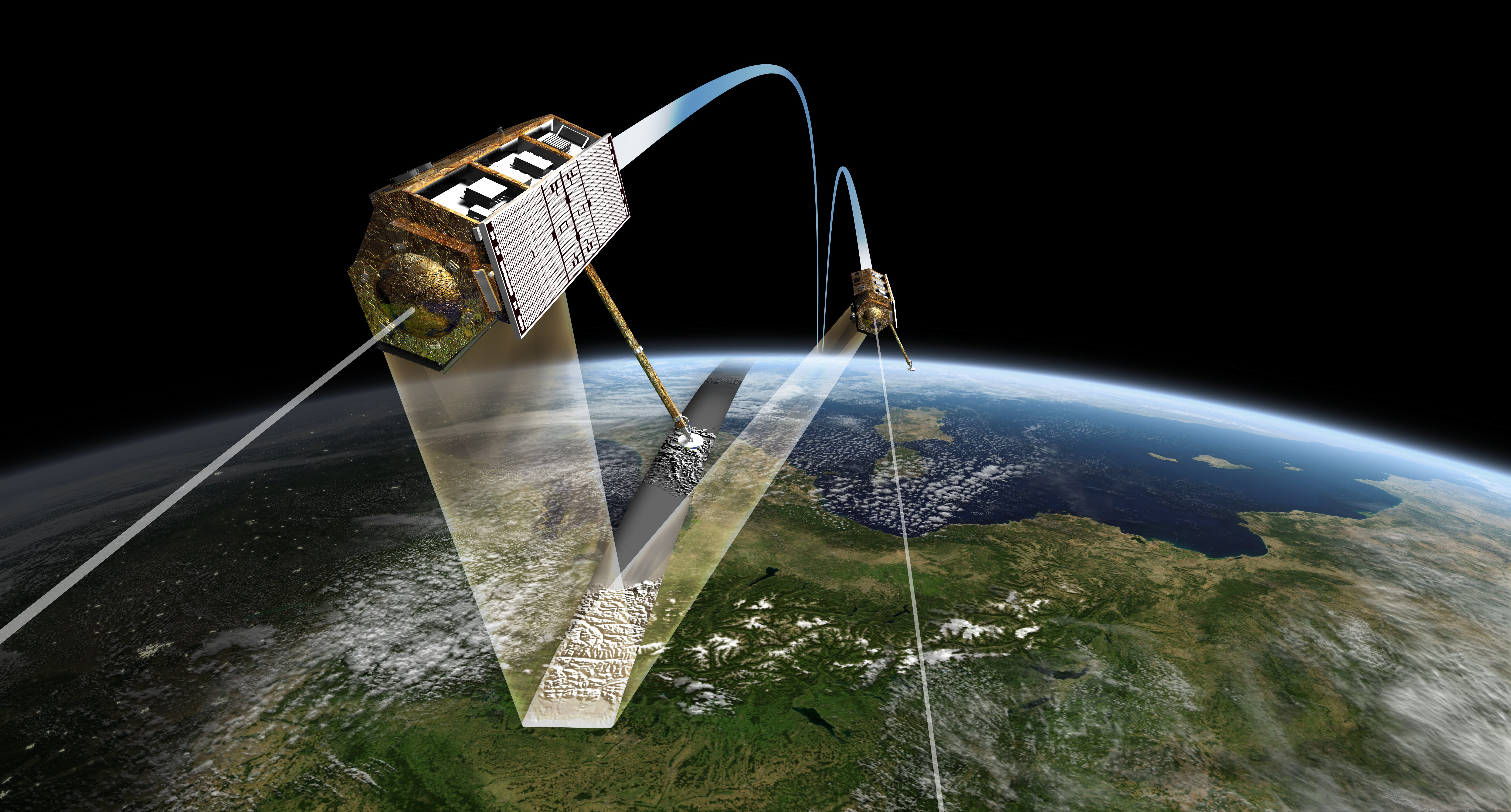 The radar satellite TanDEM-X flies in close formation with its ‘twin’ TerraSAR-X.