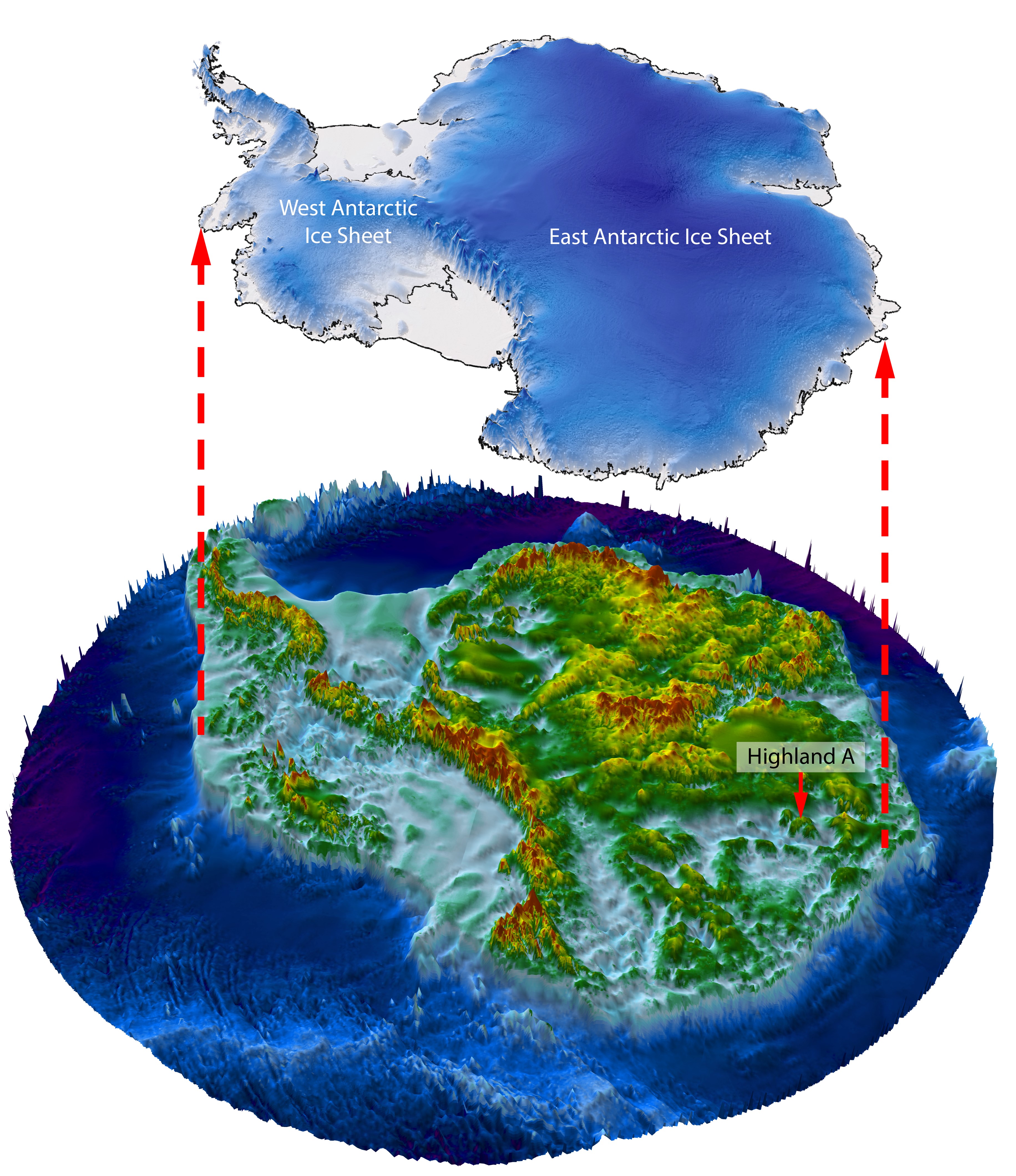 The landscape of Antarctica as it would appear if the ice were lifted away