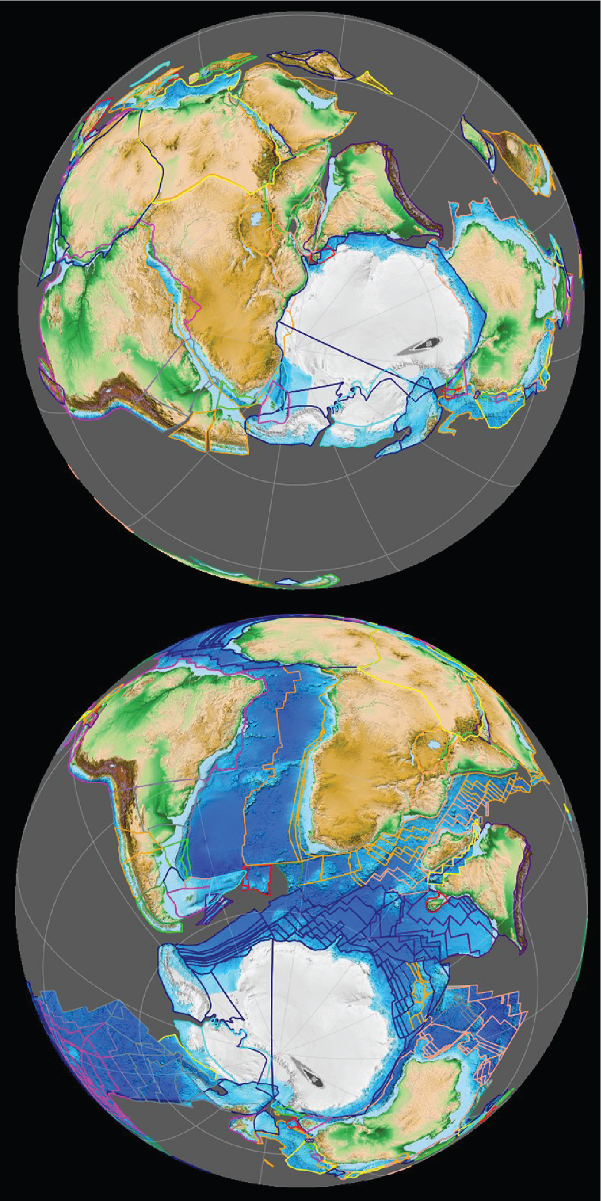 The assembled supercontinent of Gondwana 420 million years ago (top, late Silurian) and the Gondwana breakup in progress around 83 million years ago (bottom, Late Cretaceous).