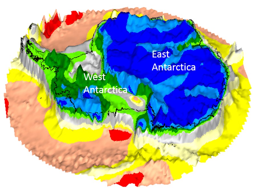 Gravity gradient shape index map of Antarctica draped on bedrock topography, derived from GOCE data.