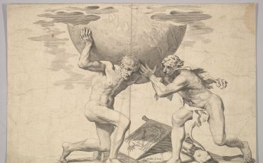 An engraving from the seventeenth century of Hercules assisting Atlas to carry Earth, by Claude Mellan (1598–1688)