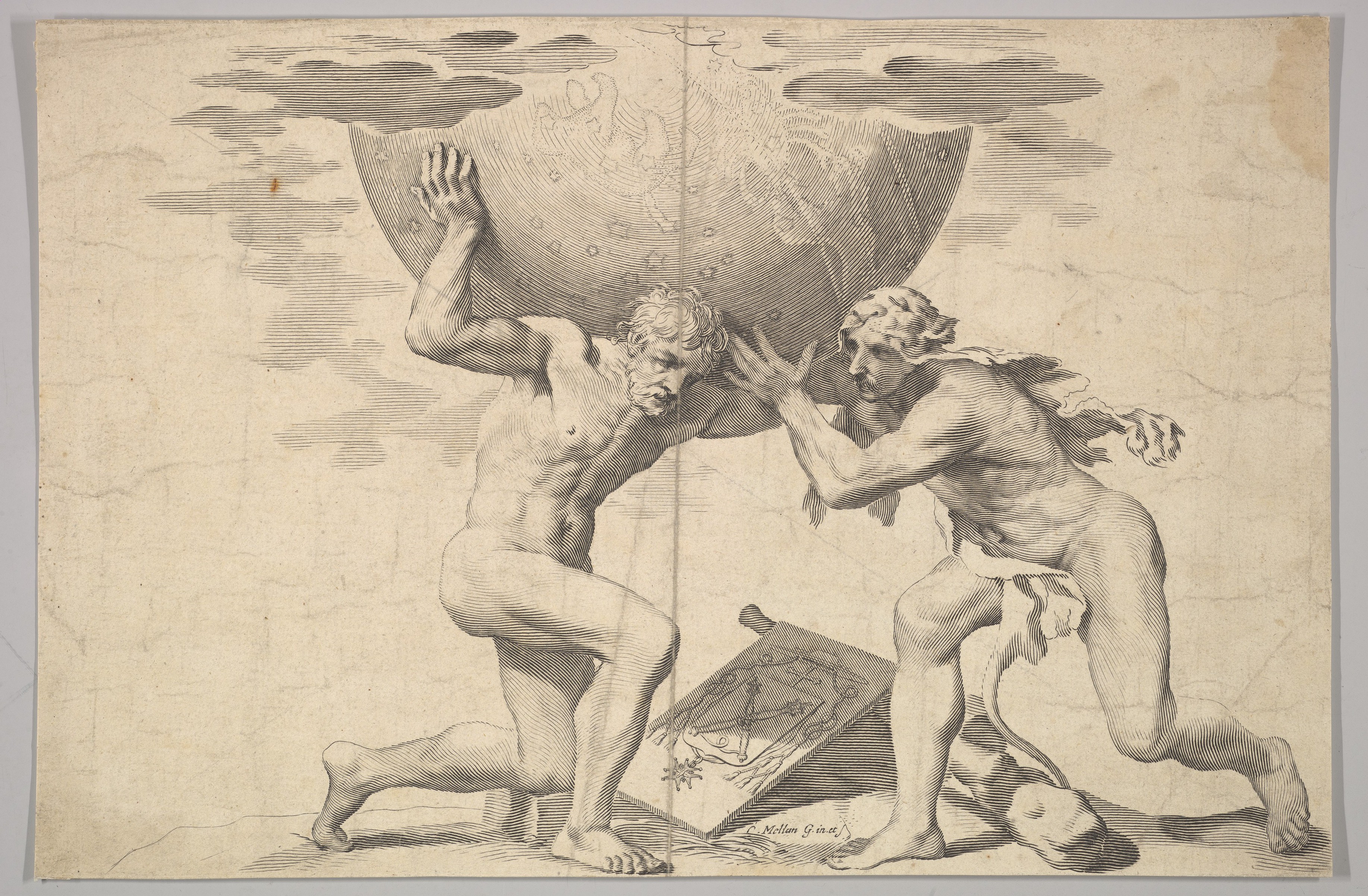 An engraving from the seventeenth century of Hercules assisting Atlas to carry Earth, by Claude Mellan (1598–1688)