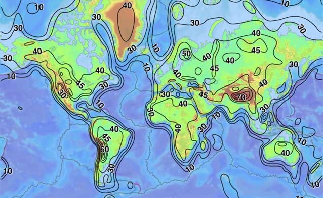 A contour map of the thickness of Earth's crust in kilometers