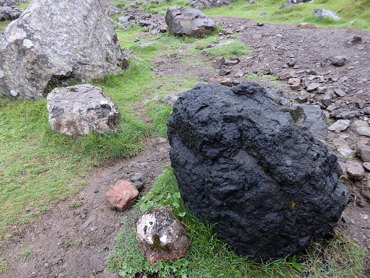 A dark mafic basalt boulder, typical of oceanic crust, stands out among light-colored felsic boulders