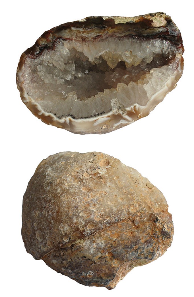 A quartz-filled geode, shown from inside (top) and outside (bottom)